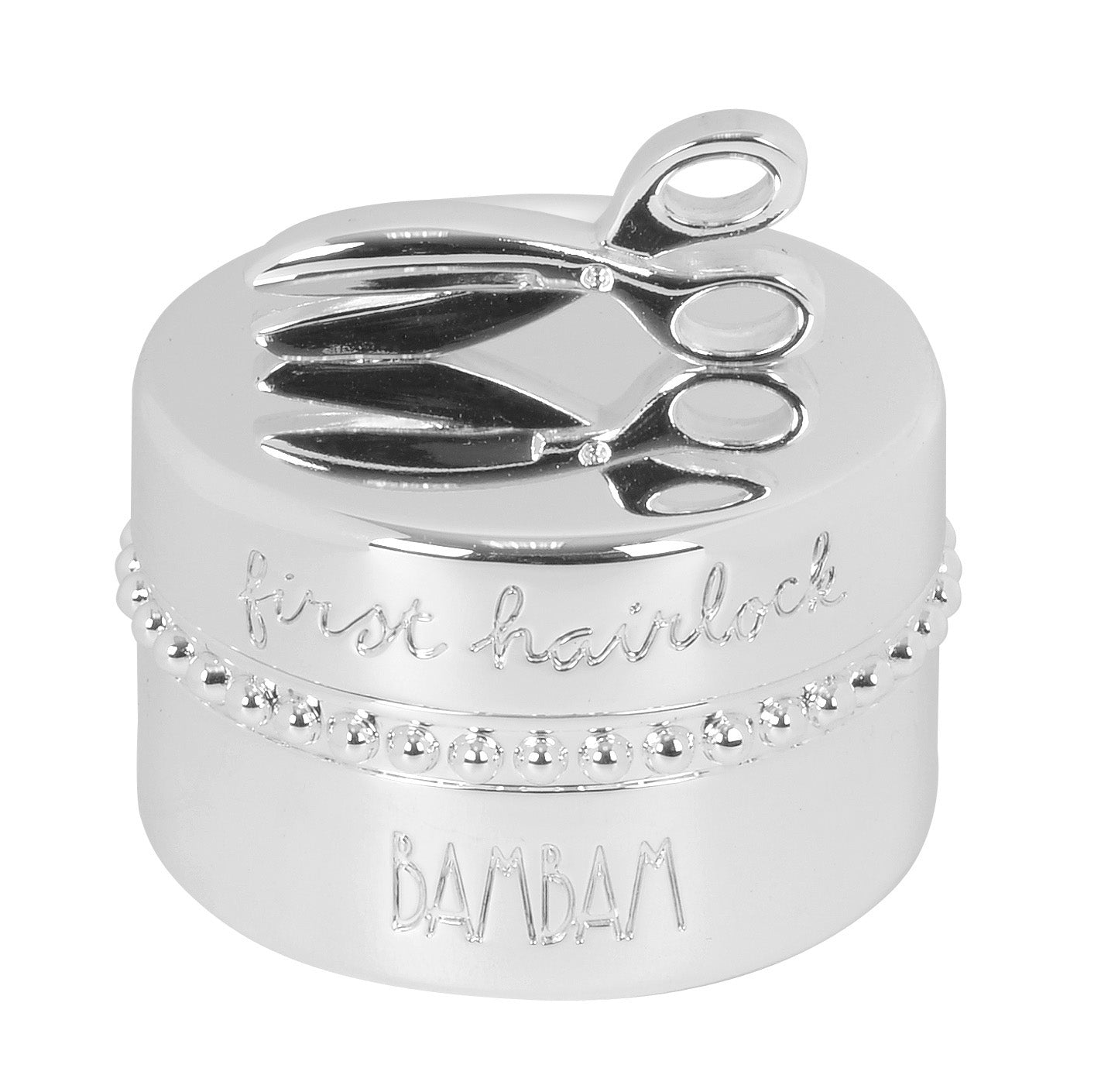 BamBam Silver Plated Hairlock Box with decorative scissors on the lid