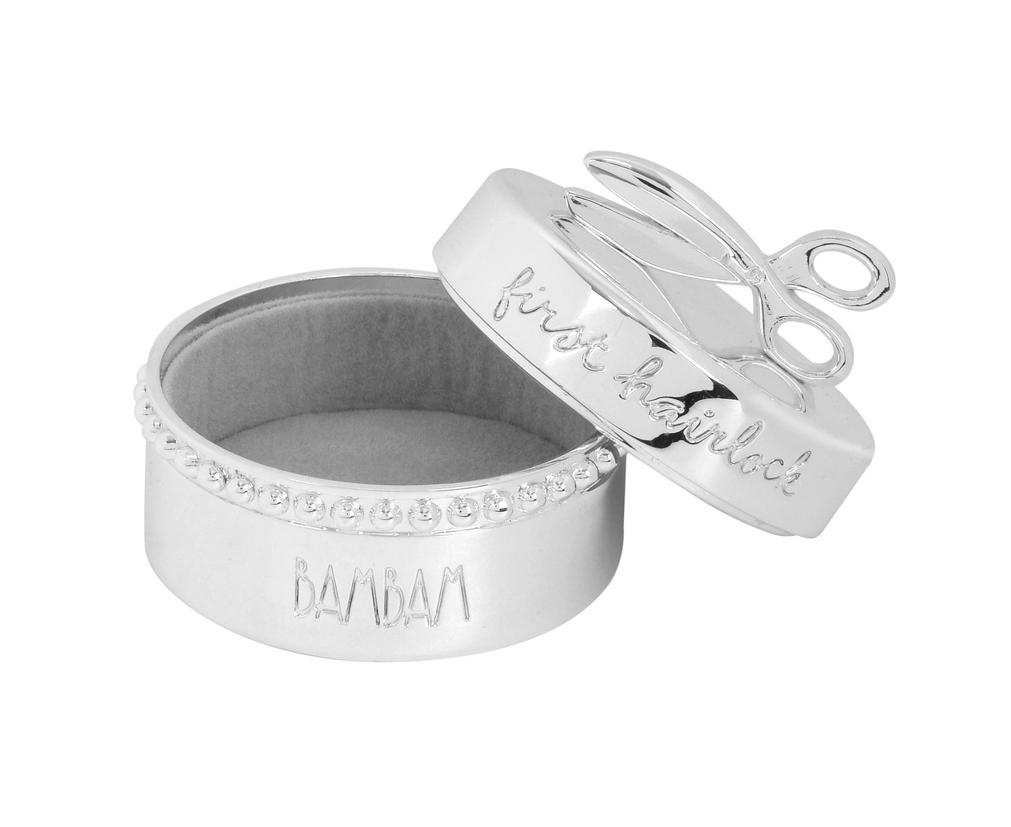 BamBam Silver Plated Hairlock Box with decorative scissors on the lid